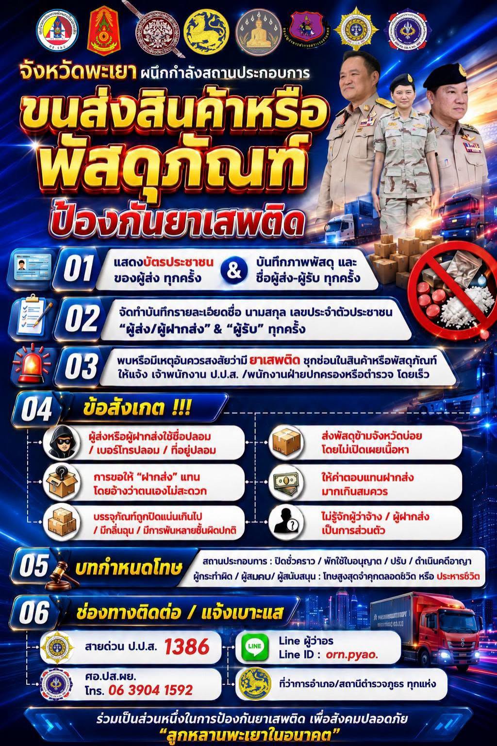 ศูนย์อำนวยการป้องกันและปราบปรามยาเสพติดจังหวัดพะเยา เดินหน้าสกัดกั้นการลำเลียงยาเสพติดผ่านระบบขนส่งพัสดุ เข้มงวดตรวจบัตรประชาชนทั้งผู้ส่งและผู้รับ 